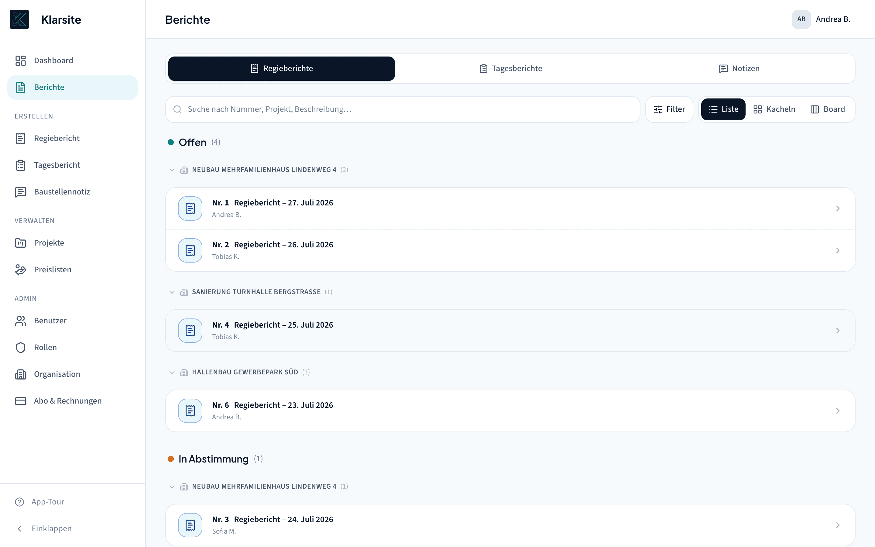 Klarsite Desktop-Ansicht: Berichtsübersicht mit Status und Filtern
