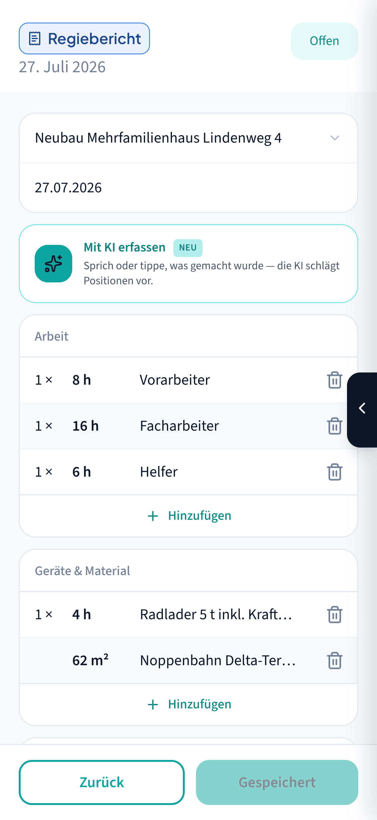 Klarsite Mobile-Ansicht: Bericht direkt auf der Baustelle erfassen
